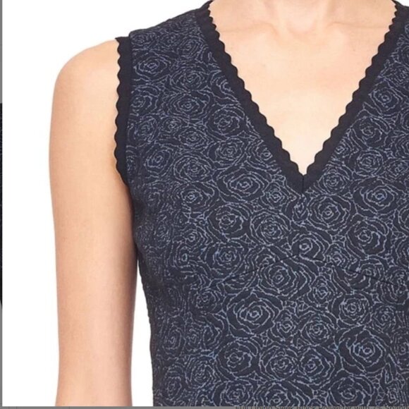 Rebecca Taylor | Blue Black Jacquard Rose Stretch Fit & Flare Work Dress - Picture 4 of 8